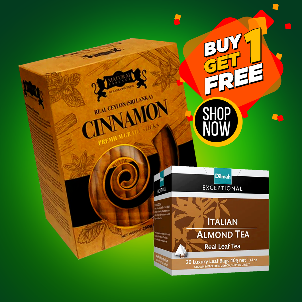 Maturai Essence Premium Ceylon True Cinnamon 5 Inch Sticks 500g with Dilmah Italian Almond Luxury Tea Bags Pack